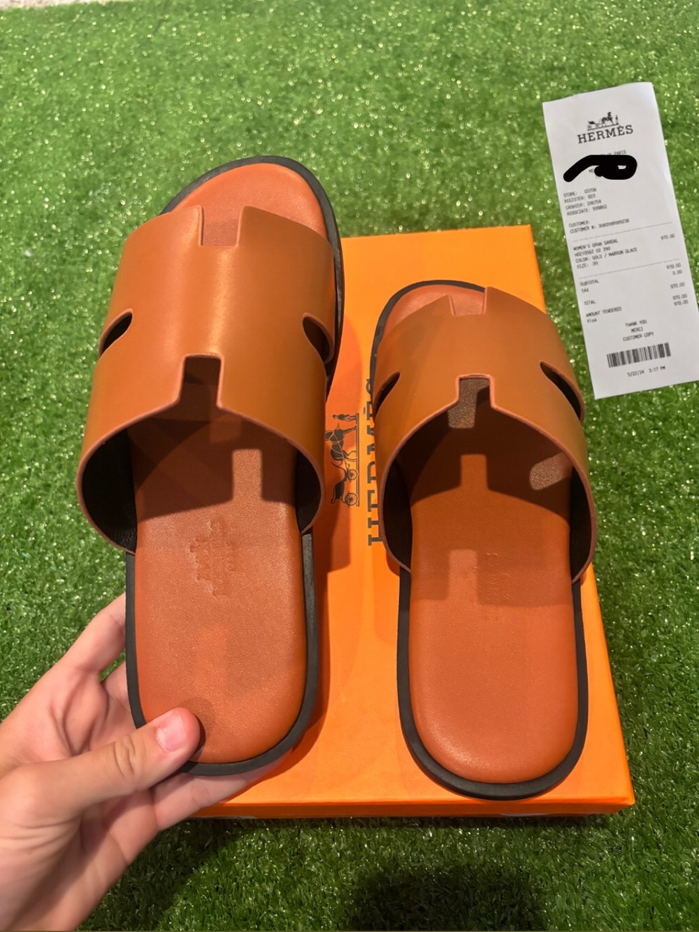 Hermes Tan-Orange H Cut Leather Slide Sandals